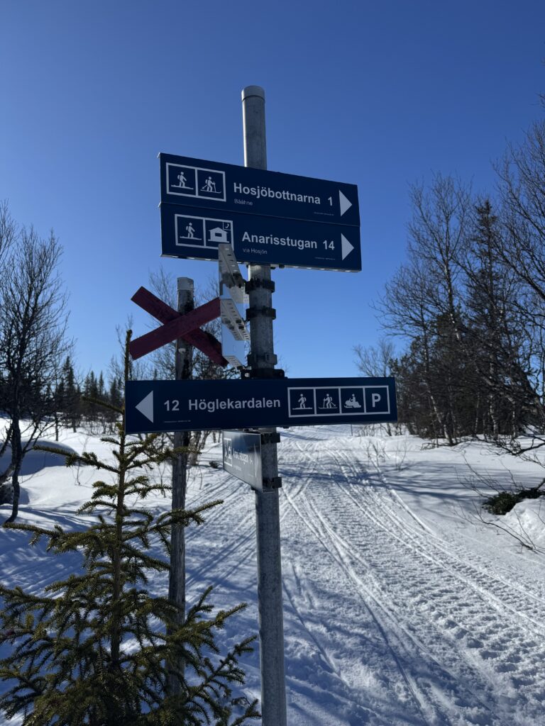 Ledskyltar i ett snölandskap under klarblå himmel, med vägbeskrivning till Hösjöbott narna, Anarisstugan och Höglekardalen, med skid-, vandrings- och parkeringssymboler. Träd och skidspår är synliga.