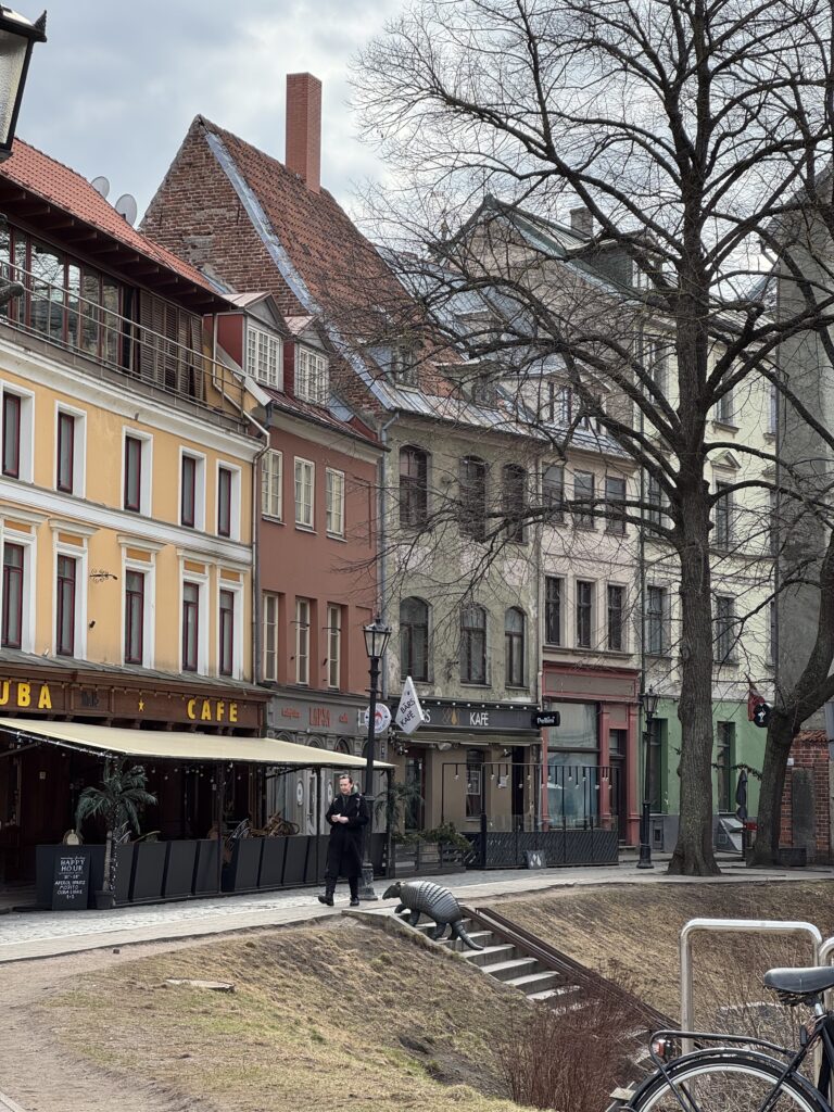 En rad färgglada byggnader med kaféer och butiker kantar en gata bredvid en gräsyta och kala träd; en person står på trottoaren och cyklar är parkerade i förgrunden en molnig dag.