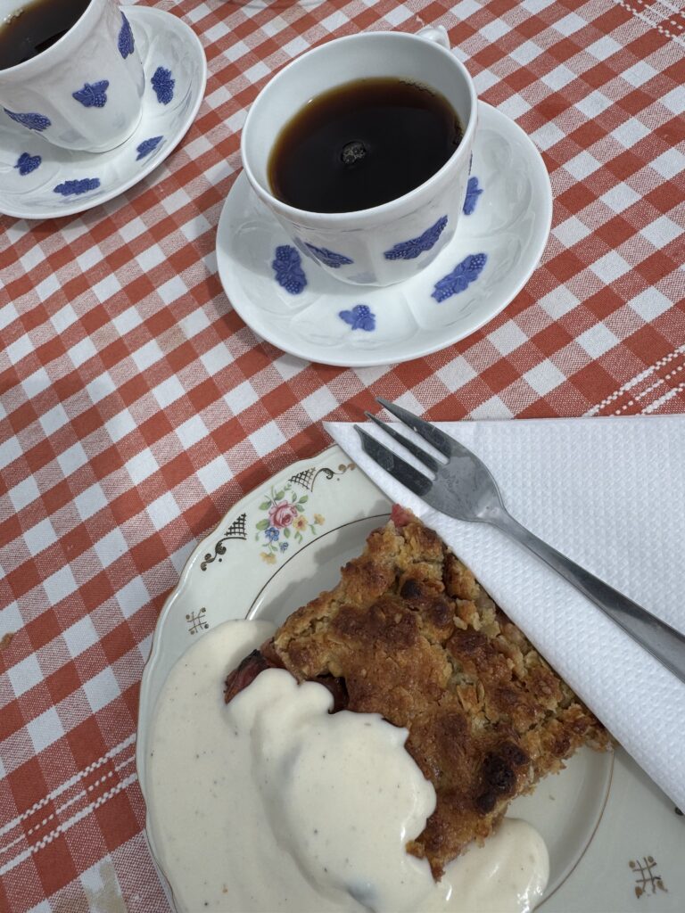 En bit fruktkaka med grädde på en blommig tallrik, en gaffel och servett bredvid och två koppar svart kaffe på en rödvitrutig duk.