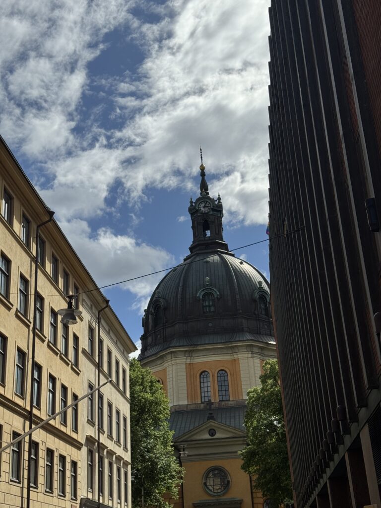 En stor kupolkyrka med utsmyckade detaljer reser sig mellan två rader av byggnader under en delvis molnig himmel, med träd som syns vid dess bas.